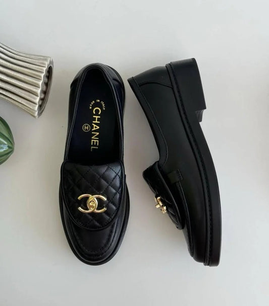 Chanel Black Leather Loafers – Gold-Tone Round Lock