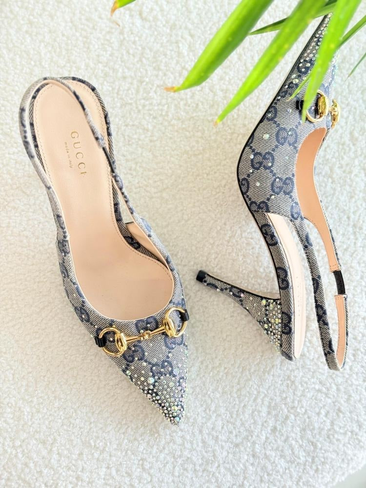 Horsebit Canvas Backstrap Heels