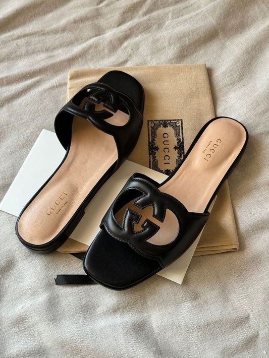 GG Cut-Out Leather Slide Sandals