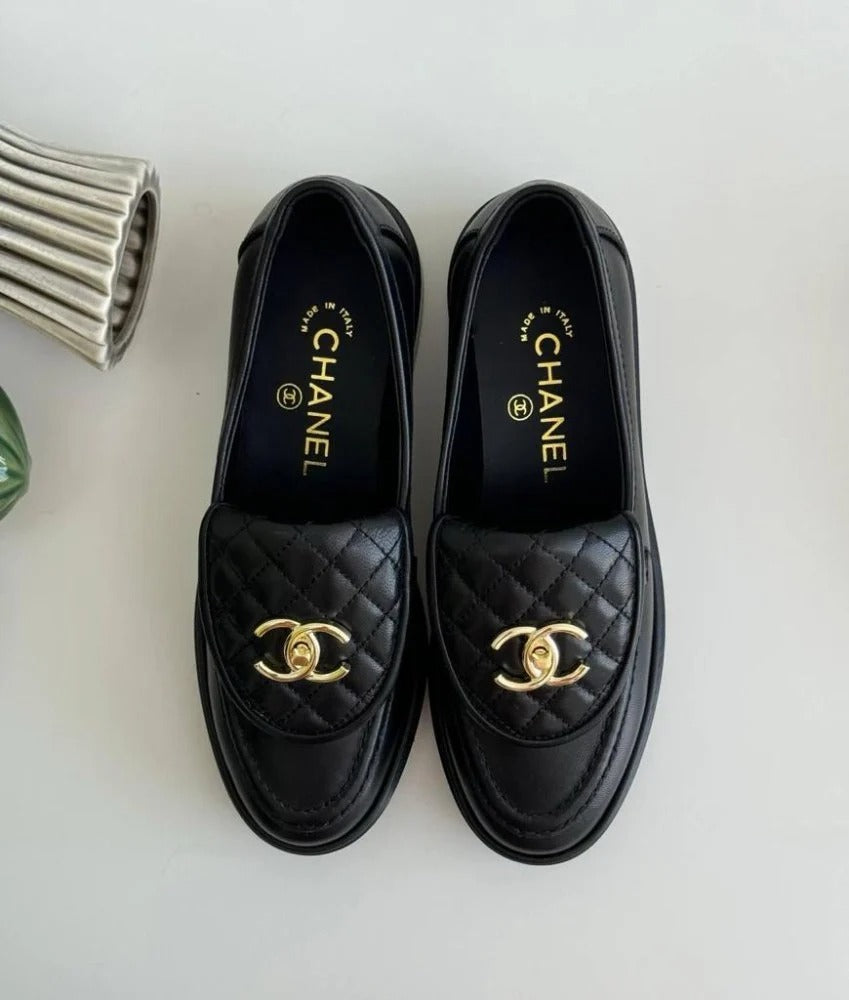 Chanel Black Leather Loafers – Gold-Tone Round Lock
