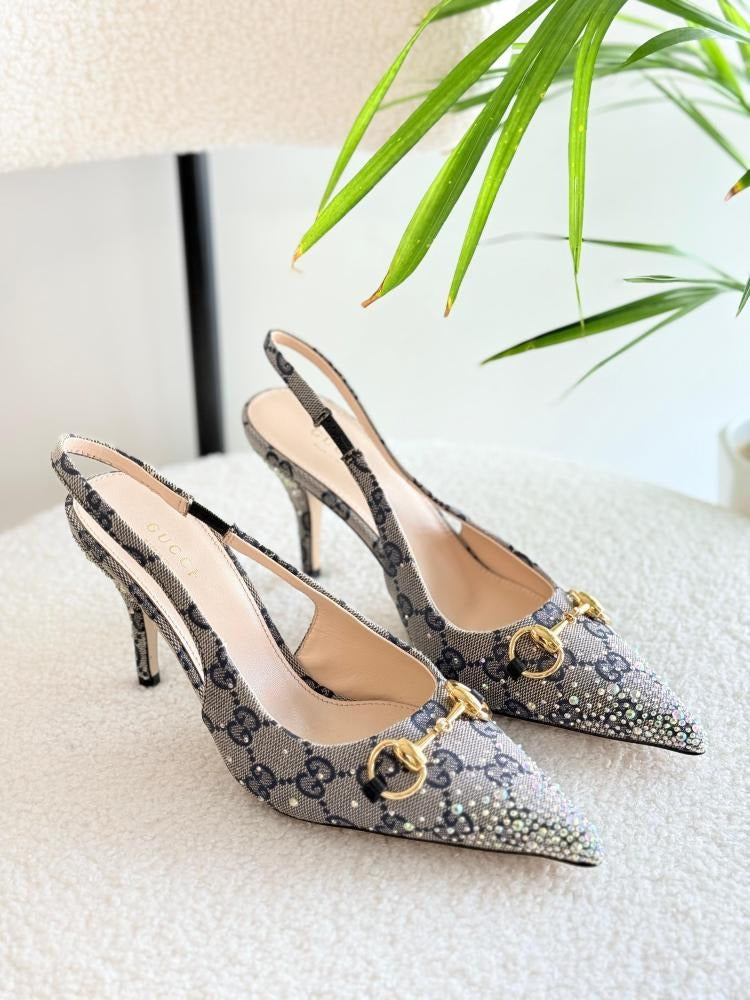 Horsebit Canvas Backstrap Heels