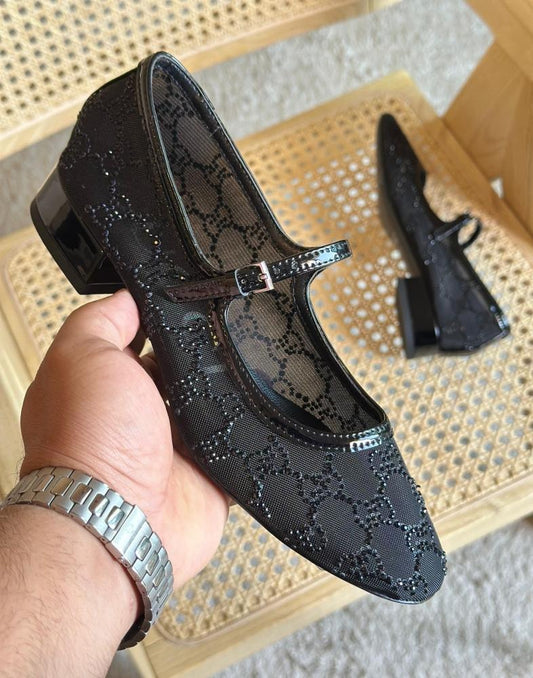 Gucci Mesh Rhinestone Mid-Heel Pumps