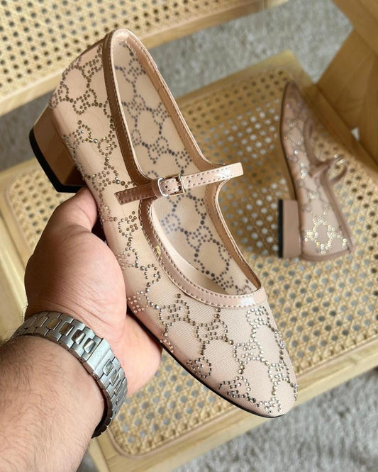 Gucci Mesh Rhinestone Mid-Heel Pumps